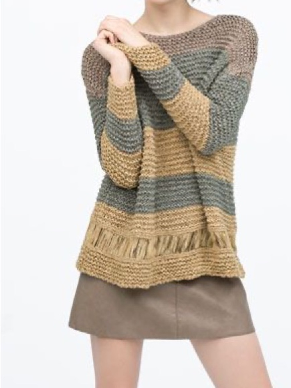ZARA Oversized Open Knit Sweater Striped Olive Taupe Boho Size M